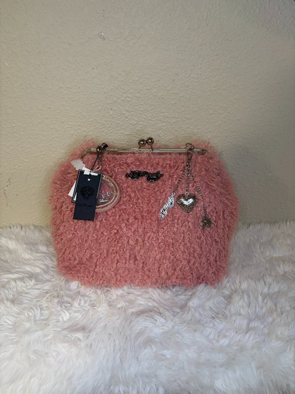 Ed Hardy Pink Faux Fur Kiss Lock Crossbody Bag Heart Charms NWT